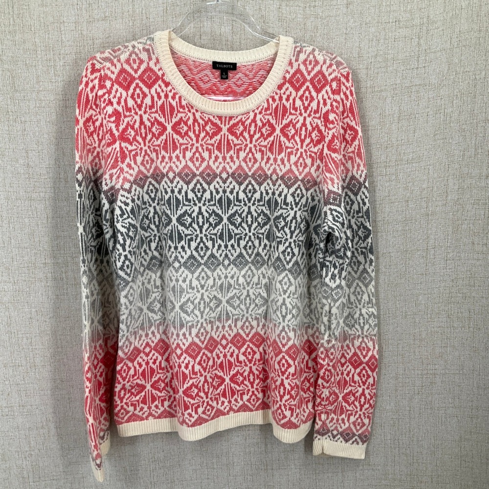 Talbots‎ Sweater Womens Large Pink Lambswool Blend Fair Isle Geometric Crewneck